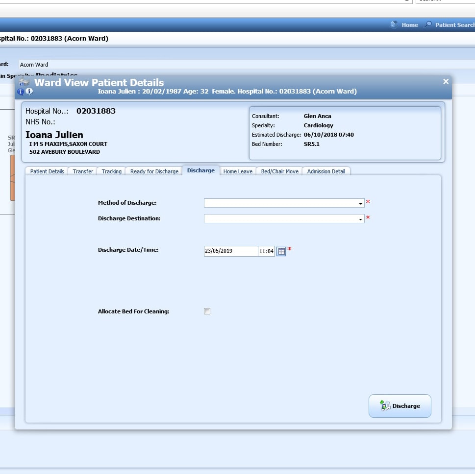 Screenshot of Maxims Enterprise Patient Discharge