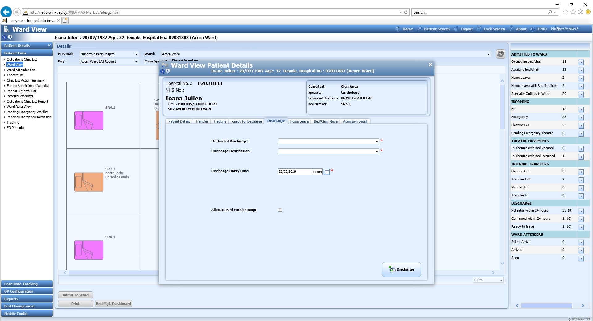 Screenshot of Maxims Enterprise Patient Discharge