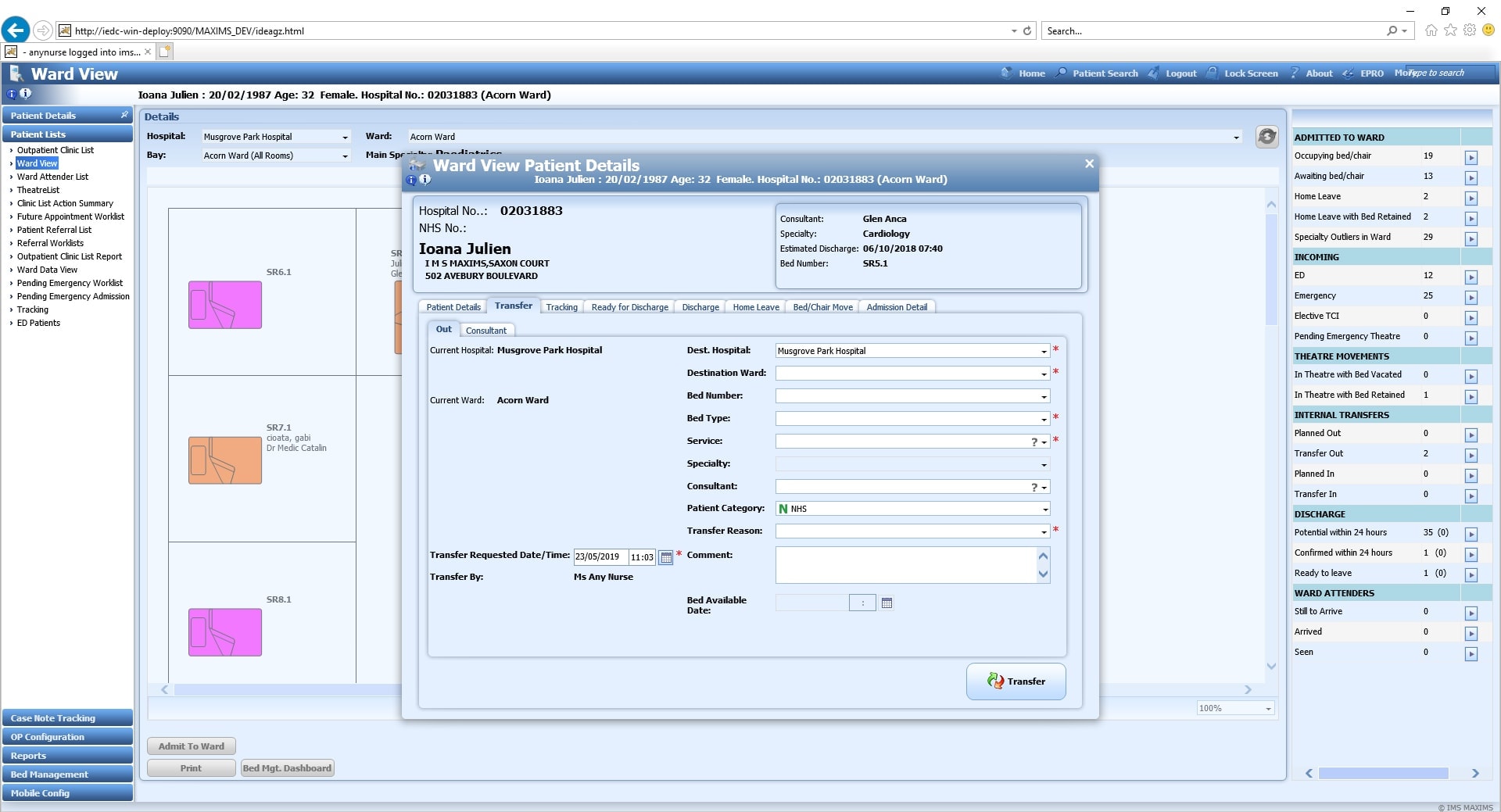 Screenshot of Maxims Enterprise Patient Transfer 