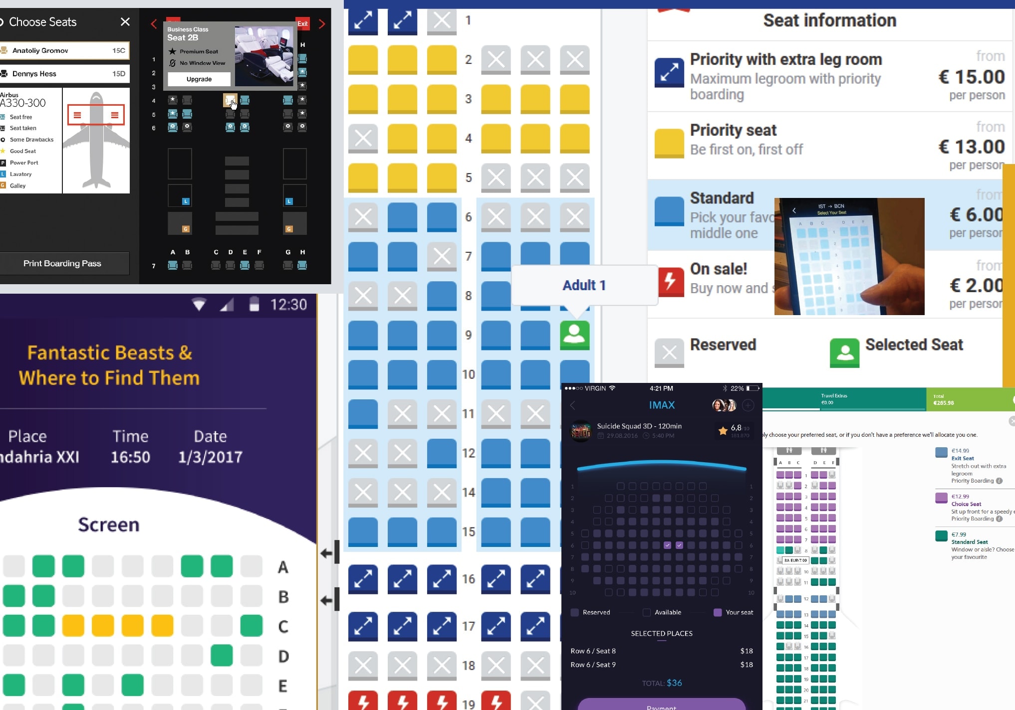 Screenshot of collage of seat pickers from Aer lingus, Ryanair, Uplabs and other sources