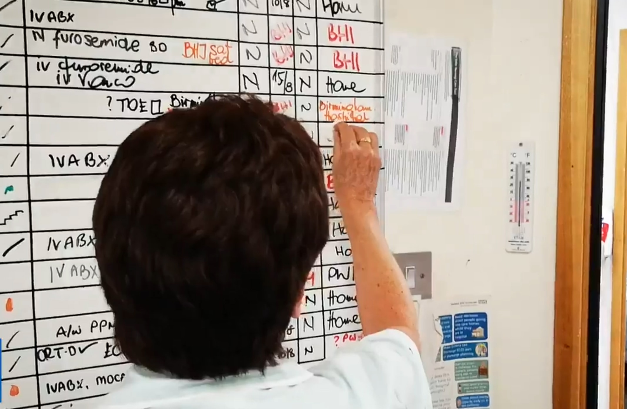 A photo of a physical Whiteboard in Coleridge ward in Musgrove Park Hospital, Taunton, UK.